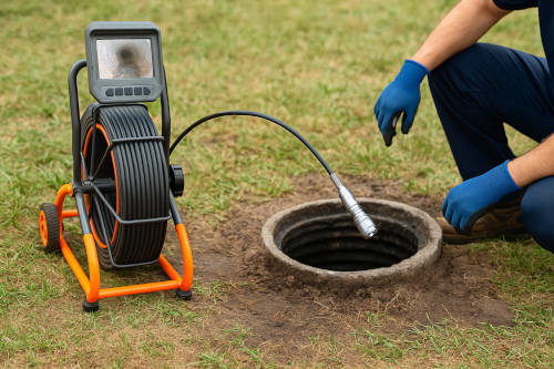 sewer_inspection_camera_setup A technician using a sewer inspection camera setup near a manhole.